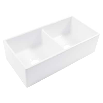 Austen Crisp White Fireclay 36" Double Bowl Farmhouse Apron Front Undermount Kitchen Sink and Drains