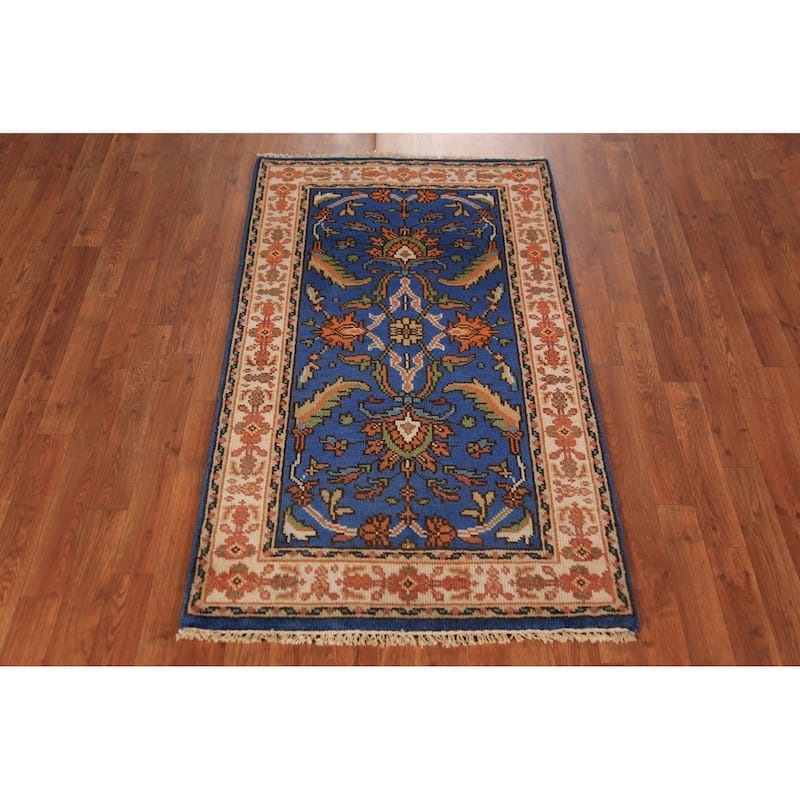 Blue Floral Oushak Indian Foyer Rug Handmade Wool Carpet - 3'0"x 5'0"