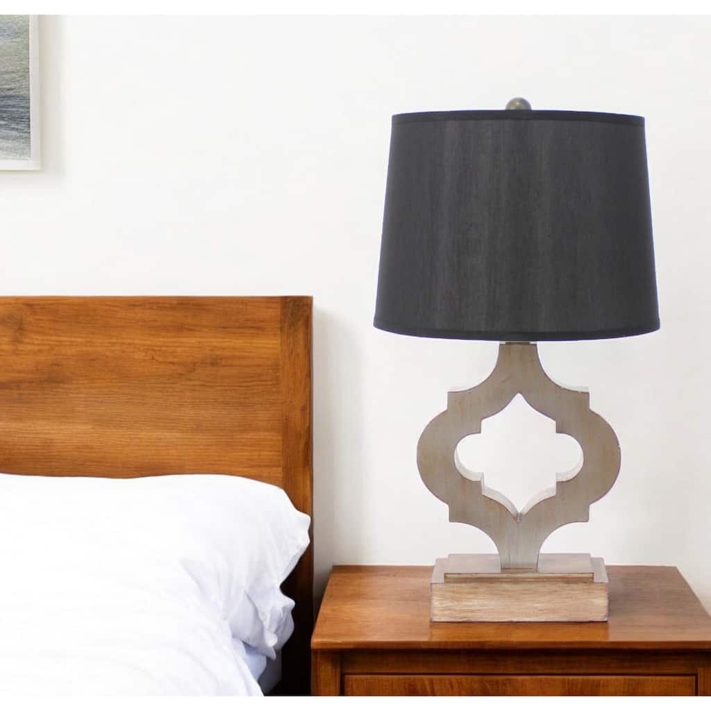 Classic Brown Wood Bedside Lamp with Modern Black Drum Shade - 12" x 14" x 25.25"