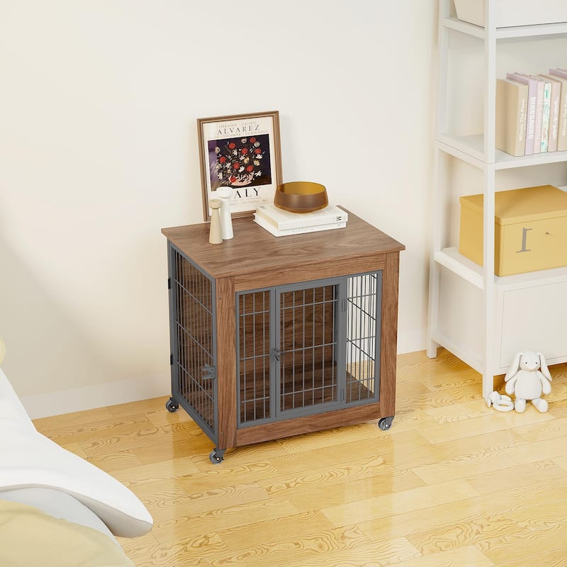 27.2" Dog Crate Furniture with Wheels for Small Dogs, Heavy Duty Dog Kennel Indoor with 2 Doors, Double-Doors Sturdy Dog Cage