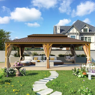 Outdoor Gazebo Pergola with Galvanized Steel Roof, Wooden Coated Aluminum Frame, and Included Privacy Curtains & Netting