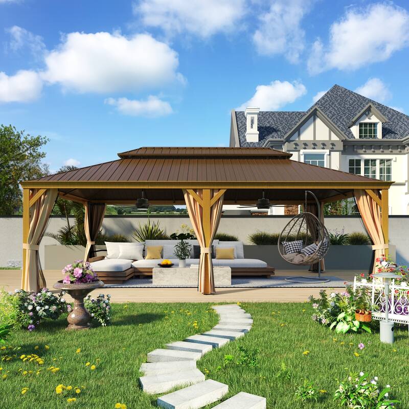 Outdoor Hardtop Gazebo with a Wood-Look Aluminum Frame, Double Galvanized Steel Roof, and Premium Curtains & Netting