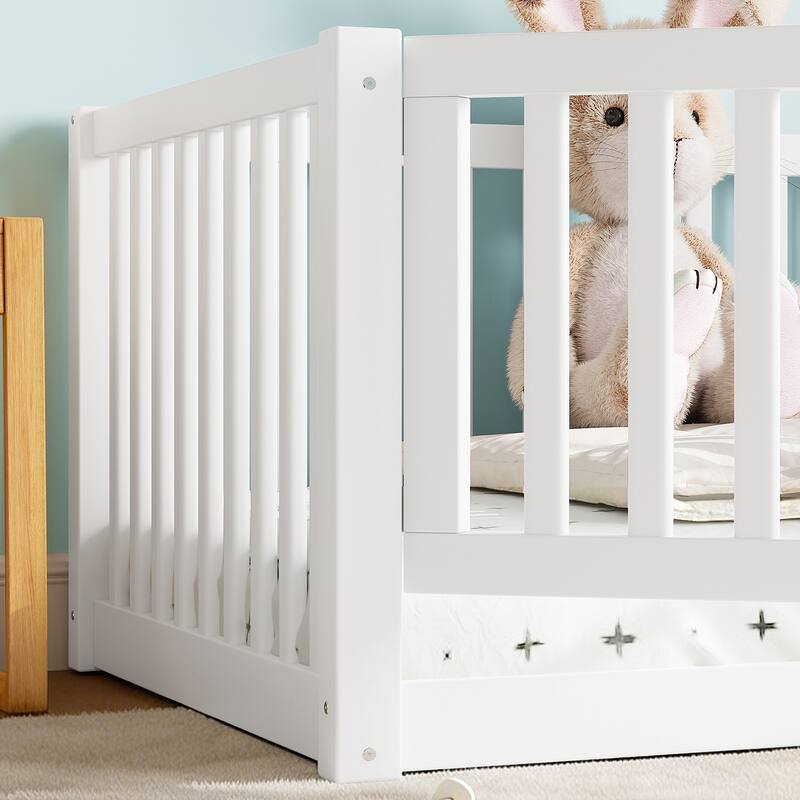 Montessori Floor Bed with Safety Guardrails & Door, Kids Low Profile Frame, Available in Queen/Full/Twin