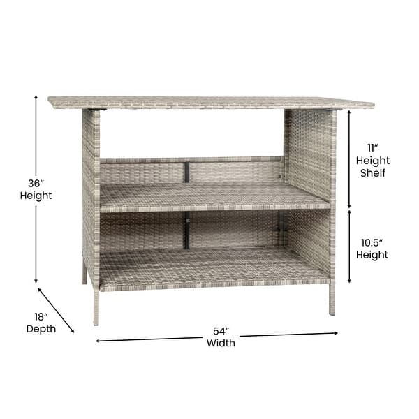 dimension image slide 1 of 2, Indoor/Outdoor Wicker Rattan Patio Bar Counter Table with Two Shelves