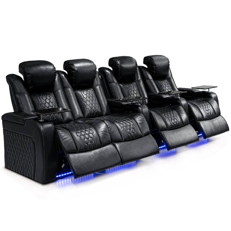 Roomfitters 124.4" Power Recliner 4-Piece Set, Top-Grain Nappa Leather, 23-Color RGB LED & USB-C Charging, Black