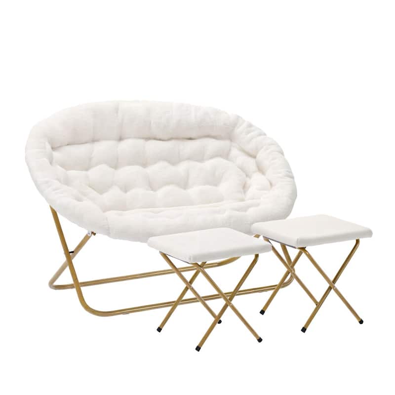 Double Folding Synthetic Fur Saucer Chair with 2 Ottomans - Ivory Sythetic Shearling Fabric/Soft Gold Frame