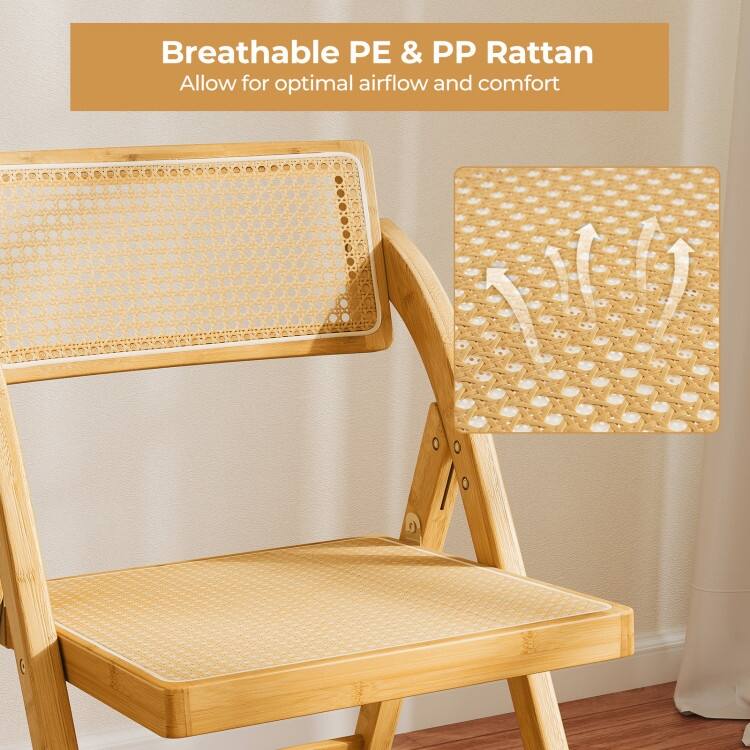 Natural Wicker Folding Boho Chairs Set of 2 with 360 Rotatable Backrests - 22" x 19" x 31.5"