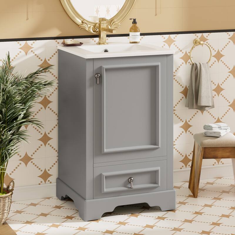 20" Bathroom Vanity with Ceramic Sink Bathroom Storage Cabinet with Adjustable U-Shaped and Drawer