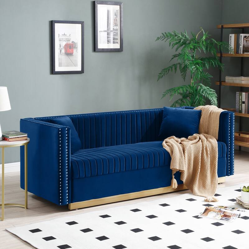 Contemporary Velvet Sofa with Channel Tufting and Gold Base, Perfect for Living Room or Apartment - Blue