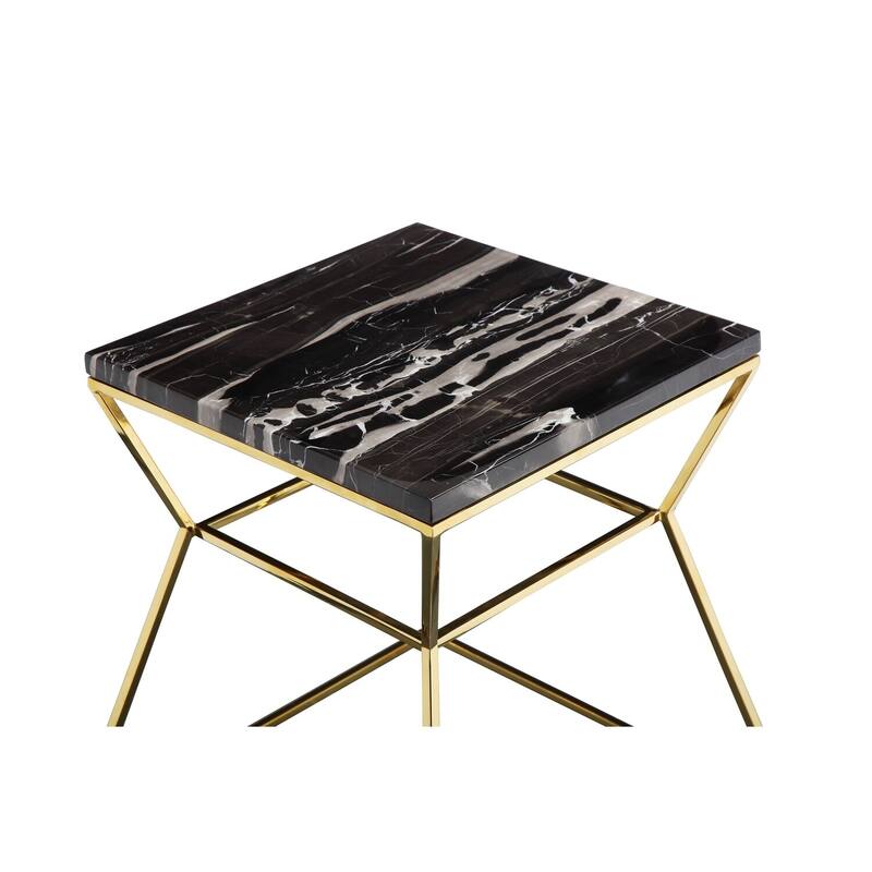 18 in. Black and Gold Rectangle Faux Marble End Table, Durable Hourglass Frame