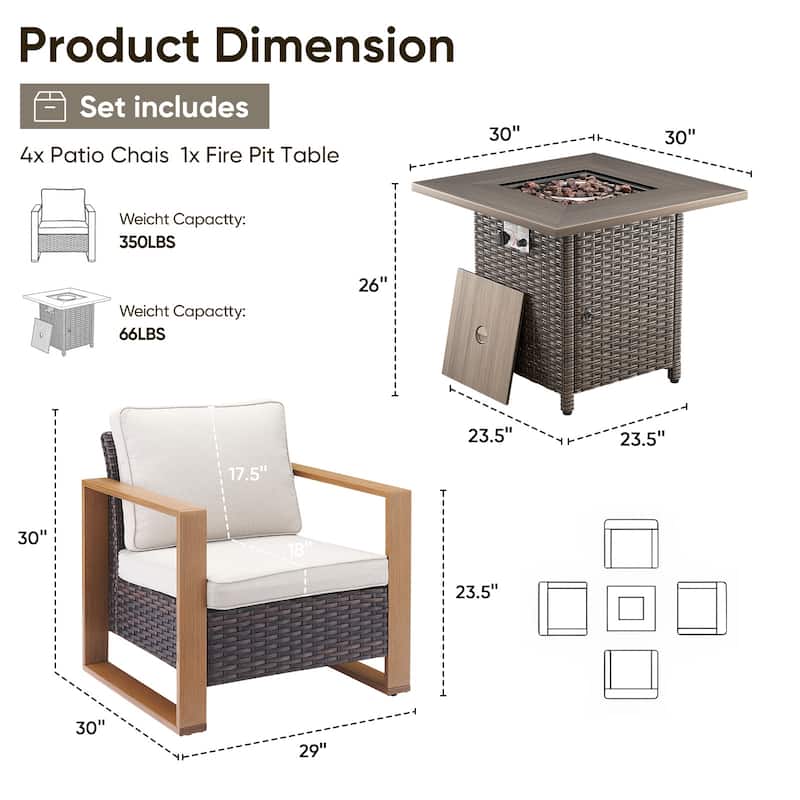 Pocassy 5 Pieces Outdoor All-Weather Chair with Fire Table Set