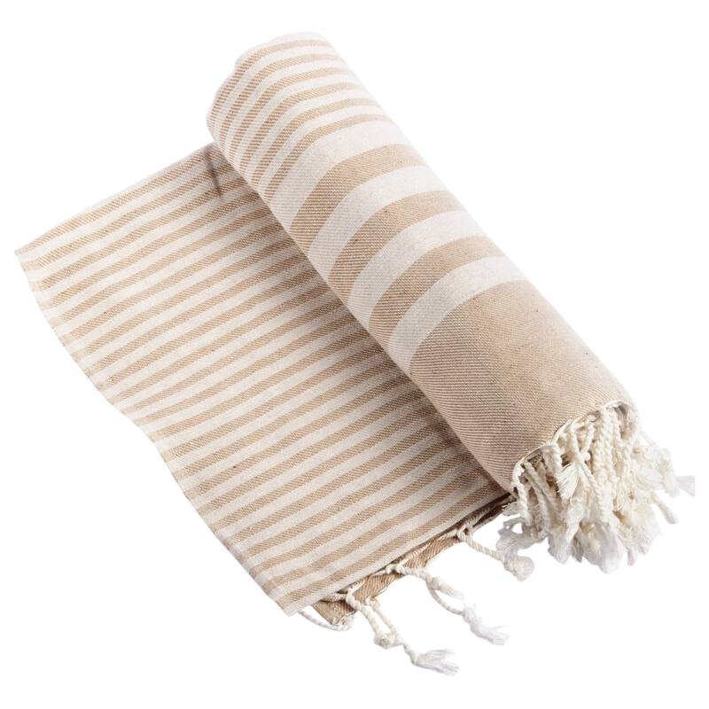 HomeRoots 59" X 71" Beige and Ivory Cotton Striped Turkish Towel Throw Blanket with Tassels