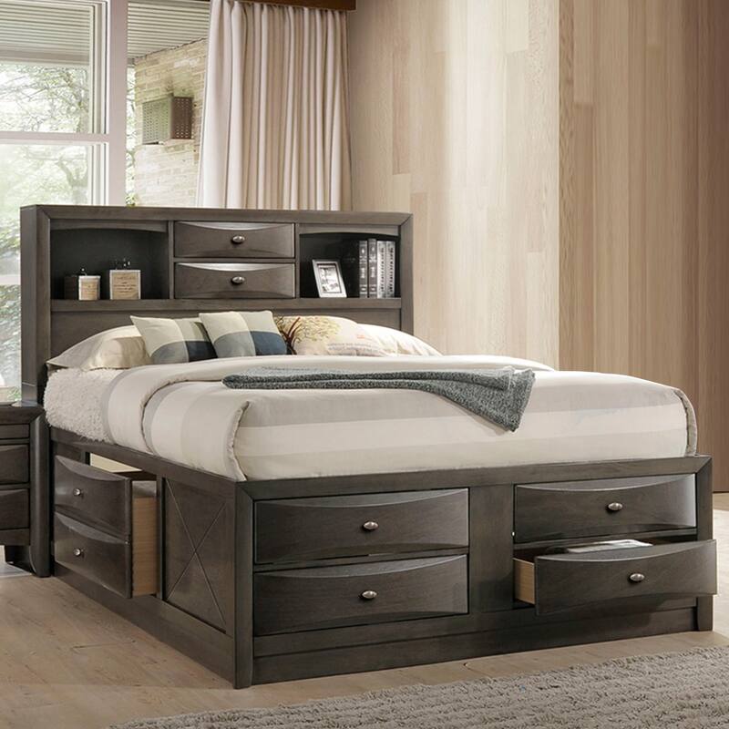 Wooden Queen Size Bed with Bookcase and Drawers in Gray