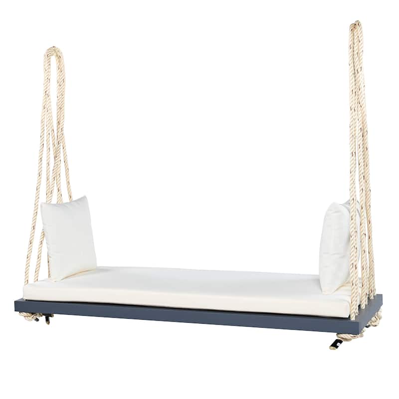 Outdoor Patio Wooden Swing Chair, Hanging Porch Swing Bench w/ Cushion & Pillows for Garden, Backyard, Lawn