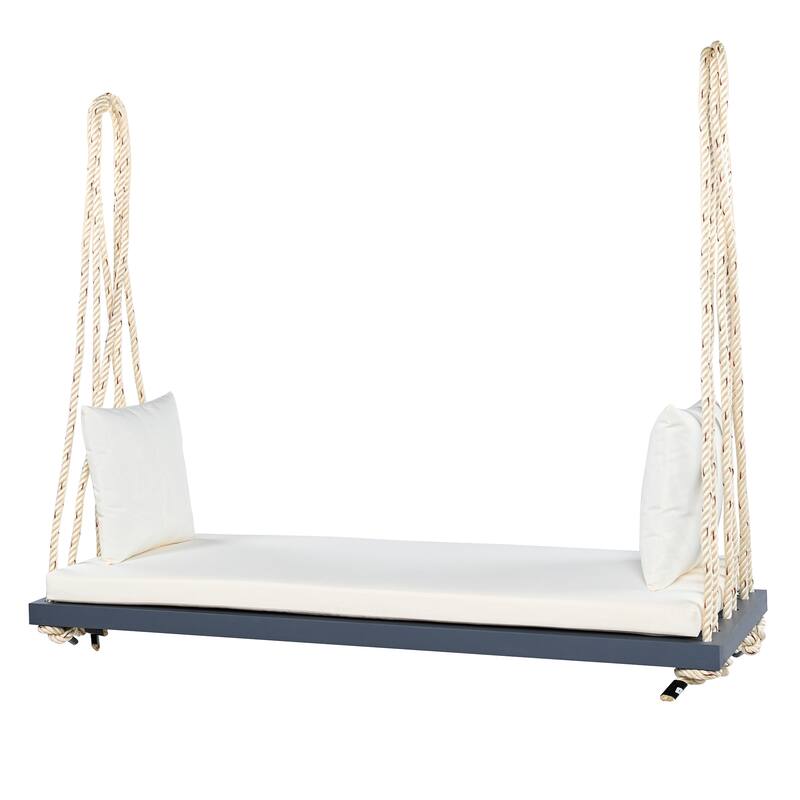 Outdoor Wood Hanging Chair with Cushions & Adjustable Assembly, 400 lbs Capacity, Swing Chair with Durable Hemp Ropes