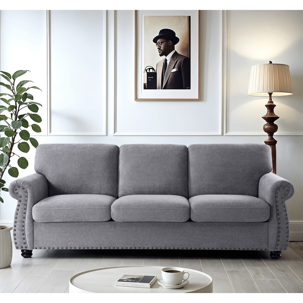 Soft Velvet Sofa, Upholstered 3 Seater Couch With High-Density Foam, Loose Back Cushions And Solid Wood Turned Legs