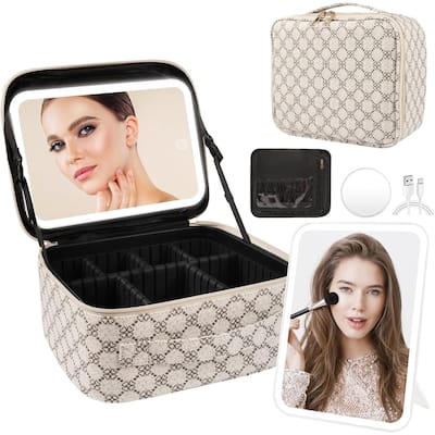 Makeup Bag with Lighted Mirror, Travel Make up Train Case with Adjustable Brightness Vanity Mirror and Detachable