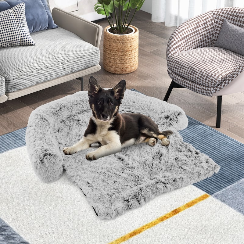 White-Grey Plush Calming Dog Couch Bed with Anti-Slip Bottom