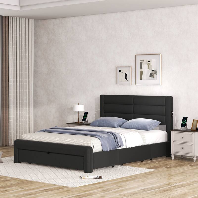 Black Queen Storage Bed Leather Wood Platform Bed Frame w/ Footboard