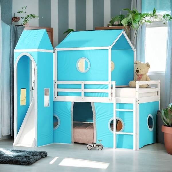 slide 2 of 32, Elegant Twin Size Playhouse Inspired Bunk Bed with Slide Pink Tent and Tower, Sturdy Construction & Unique Design