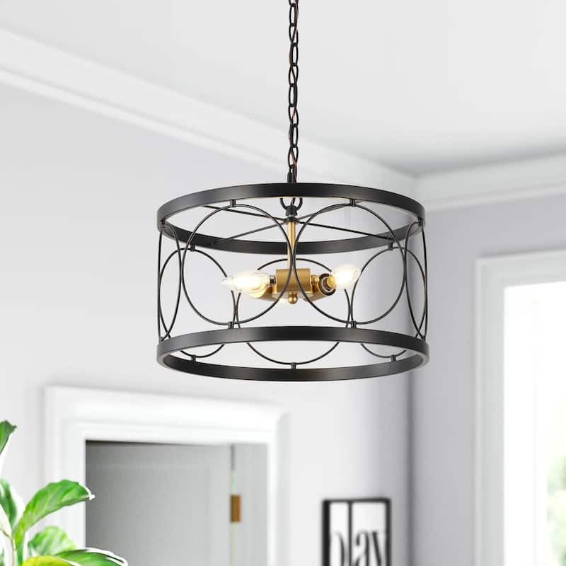 Farmhouse Retro Metal Drum Pendant Light for Dining Room Living Room Kitchen Island - Black