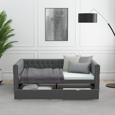 Americana Style 79.5" Velvet Upholstered Sleeper Sofa Bed for Living Room,Twin Size, Sofa-Deep Seating Sofa,Nailheads Desige.