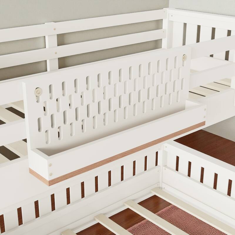 Twin XL over Queen Bunk Bed with Ladder, Guardrails, Pegboard Storage and Built-in Bookshelf, Solid Wood Frame