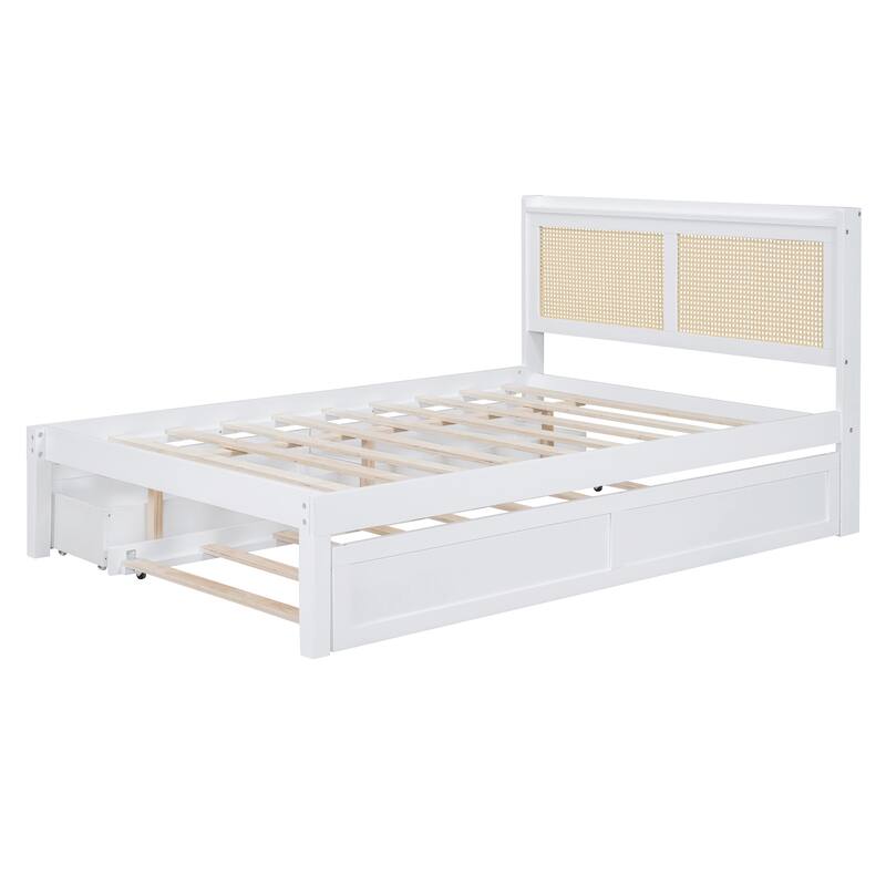 Elegant Bed Frame with Rattan Headboard and Sockets