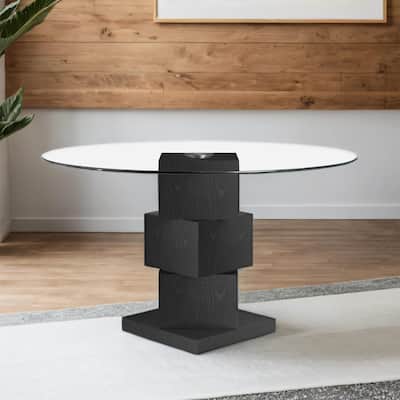 51" Round Glass Dining Table,Wood Pedestal Base,Shatterproof,Seats 4-6
