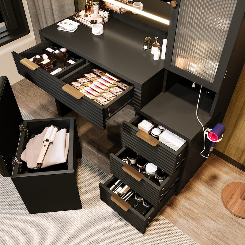 43.5" Makeup Vanity Desk with Lights, Mirror & Charging Station, 5 Drawers & Glass Cabinet with Stool