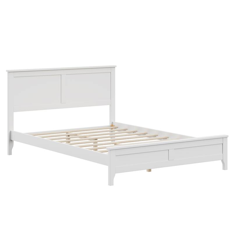 Modern White Solid Wood Full Platform Bed with Headboard and Slat Design