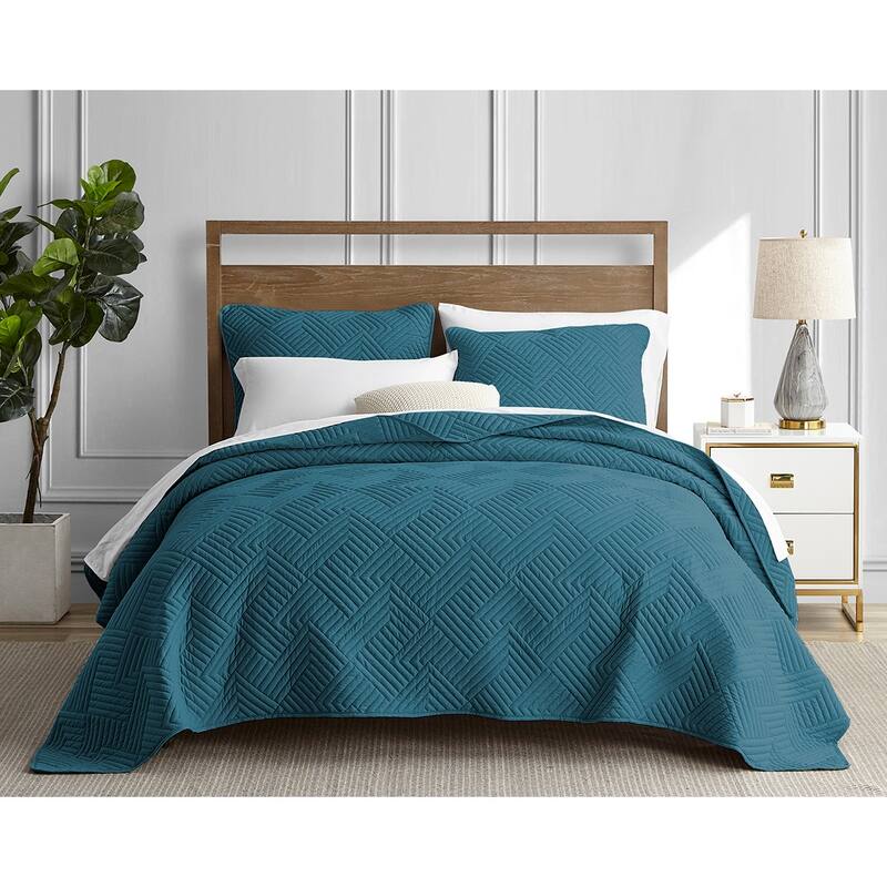 Garment Wash Grid Stitched Ultra Soft Microfiber 3-Piece Quilt Set