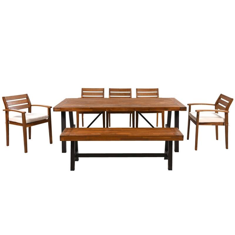 7-Piece Outdoor Wood Dining Set with Removable Cushions, Acacia Wood Table & Bench for 8