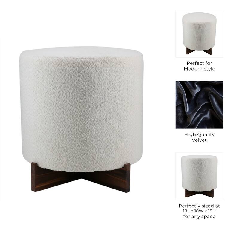 Velvet Round Ottoman Sherpa Finish and X-Base Wood Frame - 18" Ivory