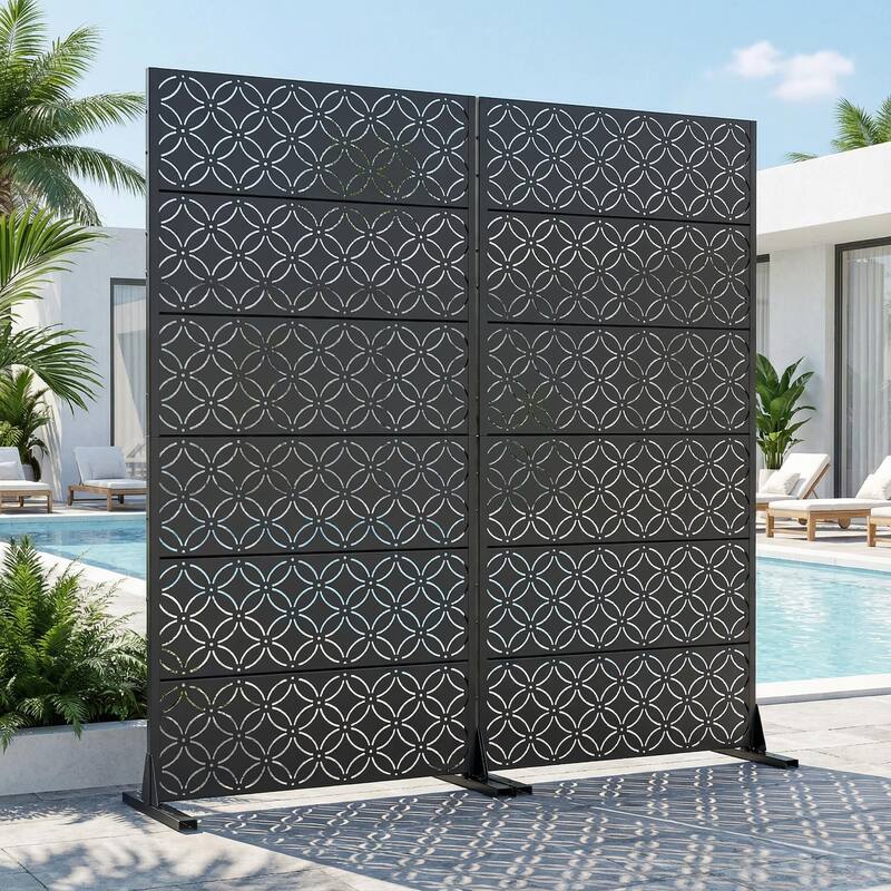 Privacy Metal Screen Fence Panel Horizontal Stripe Pattern Set of 2 - Black - 72"x35"