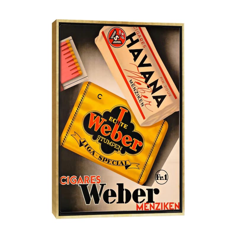 iCanvas "Cigares Weber" by Vintage Apple Collection Framed Canvas Print - Gold - 26x18