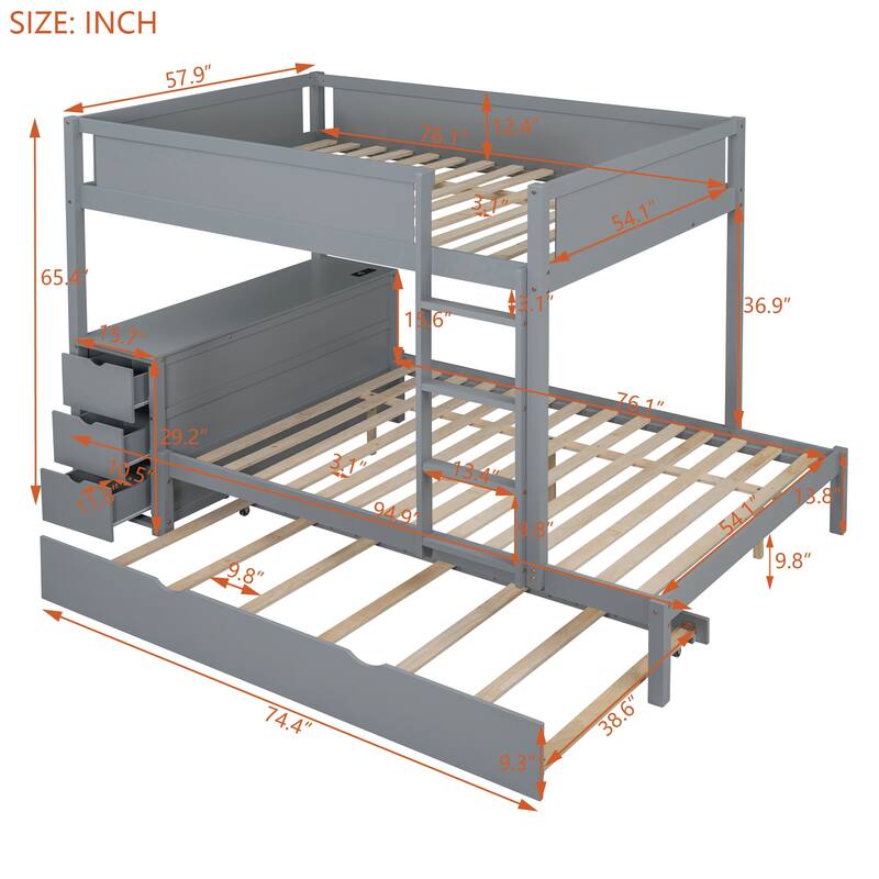 Full-Over-Full Bunk Bed with Twin Trundle, Storage, Desk, and USB Ports, Gray