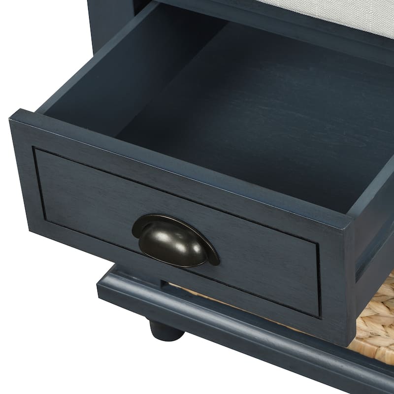 Storage Bench with Drawers and Rattan Baskets Entryway Shoe Bench