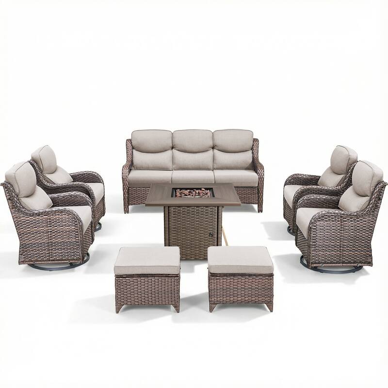 Pocassy Outdoor Propane Fire Table w/ Sofa Swivel Chair Ottoman Funiture Set.