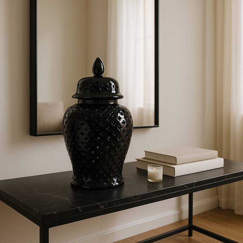 Modern Decorative Jar with Glossy Ceramic and Pierced Cutout Desig