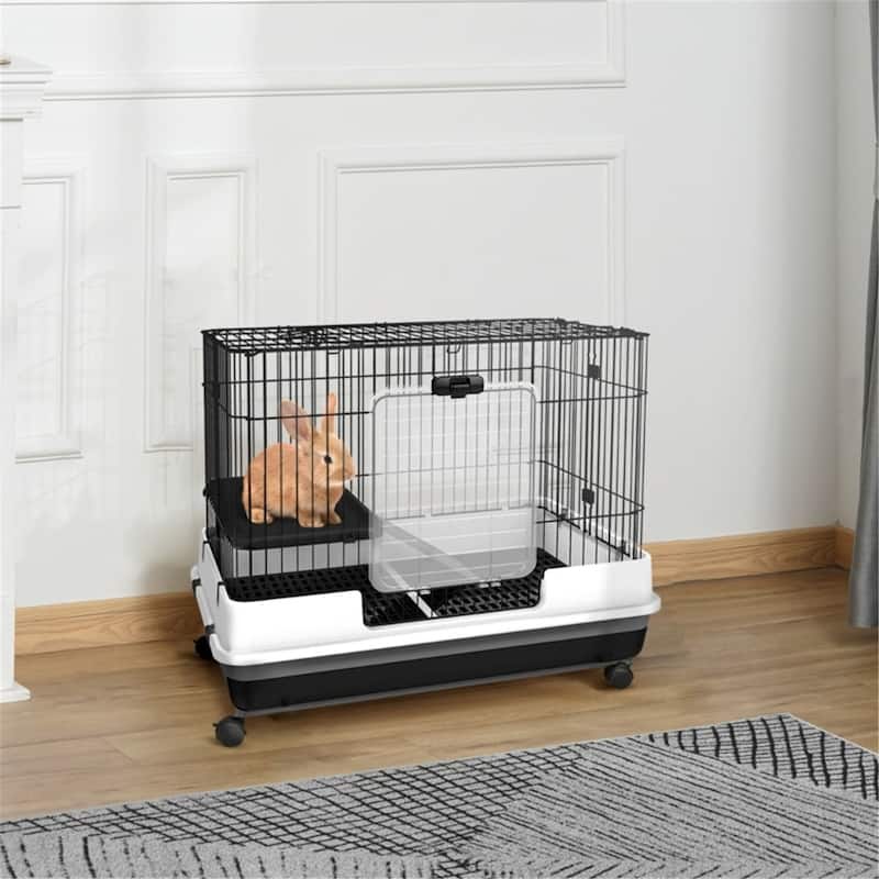 Small Pet Cage with Front Door and Top Door for Easy Access - 32" L x 20.75" W x 27.5" H - Black-White-Grey