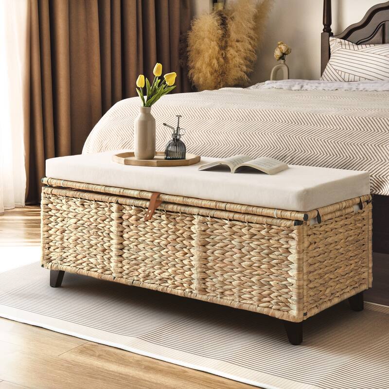 Wicker Storage Bench with Cushion for Bedroom, Living Room, Porch - 18.5'' H X 43.3'' W X 18.5'' D - Natural Wicker
