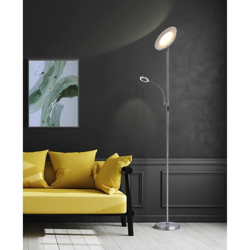 Slim LED Torchiere Floor Lamp with Reading Light, Remote Satin Nickel - 70