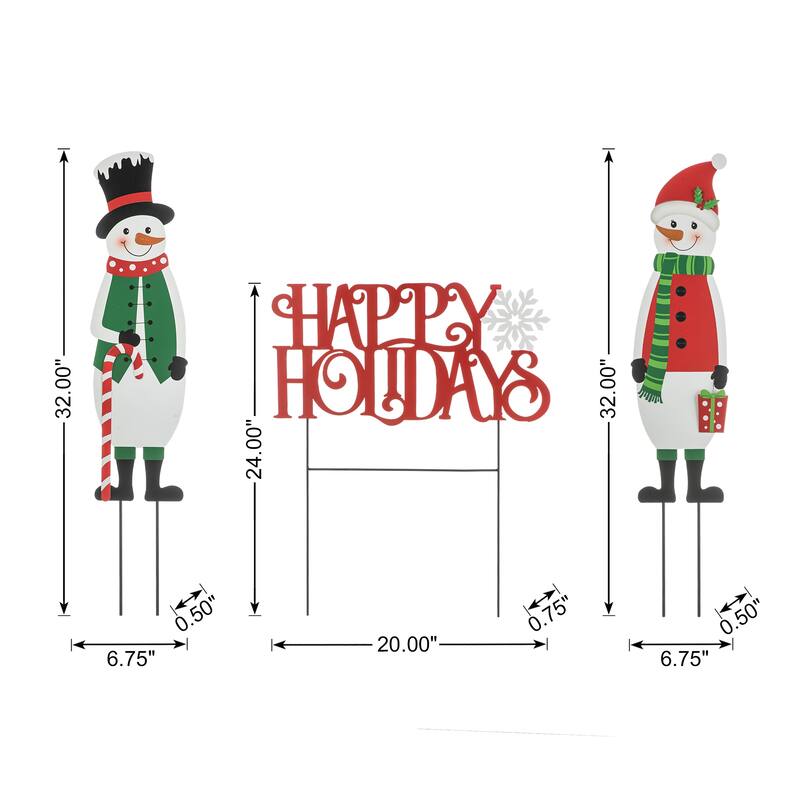 Glitzhome Metal Nutcracker with MERRY CHRISTMAS or Snowman with HAPPY HOLIDAYS Yard Stakes Wall Decor(Set of 3 )