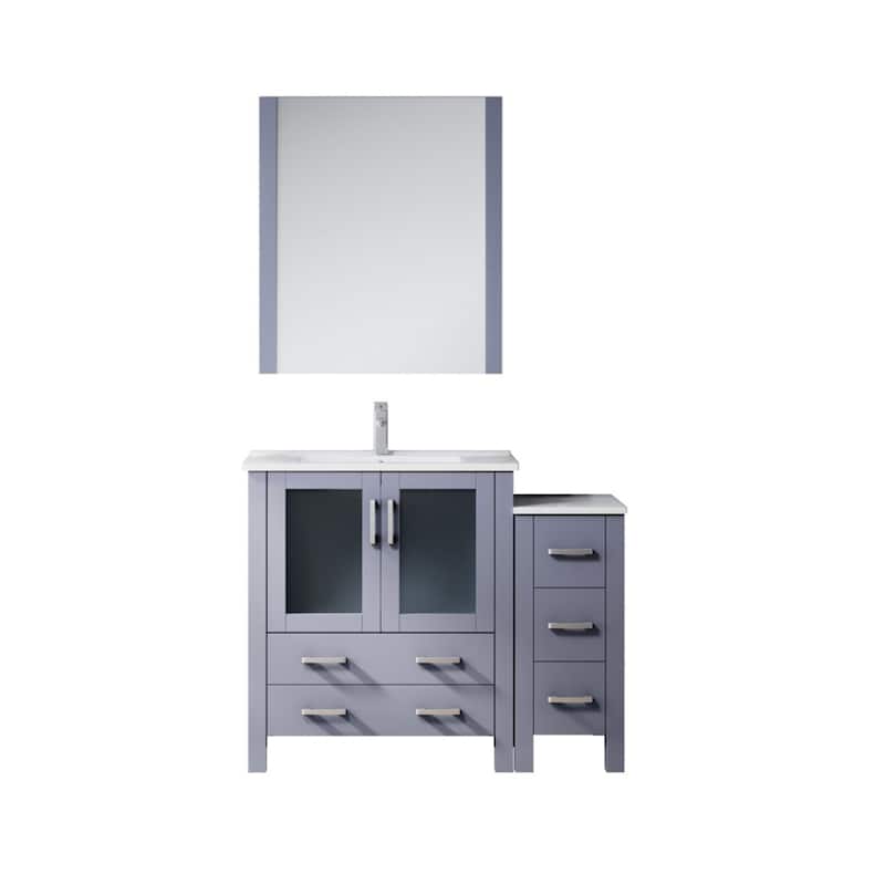 42" Navy Blue Bathroom Vanity with Side Cabinet, White Ceramic Countertop, Monte Faucet Set, and 28" Mirror - 42 in W Wood - DARK GREY