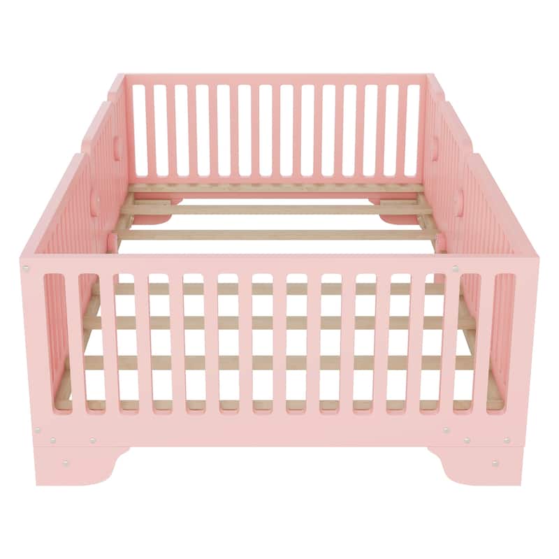 Full/Twin Montessori Floor Bed with Slats, Fence and Door, No Box Spring Needed