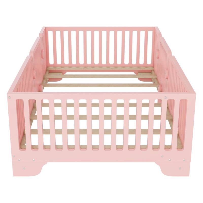 Montessori Floor Bed with Detachable Door, No Box Spring Needed, Kids Platform Bed with Slats and Fence