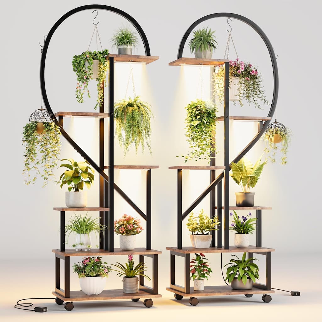2 Pack 6 Tier Indoor Plant Stand with Grow Lights Metal Plant Stand with Wheels