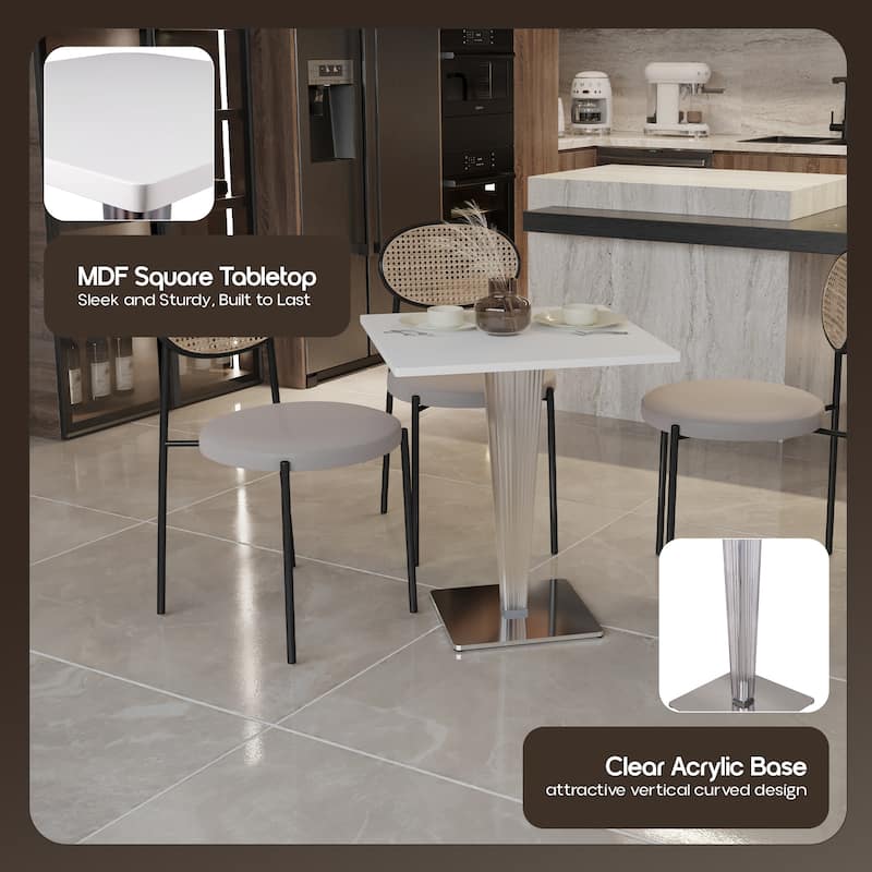 Glen Modern MDF Square Dining Table in Polished Chrome Base Clear Acrylic Base Floor Pads Easy Assembly - 23.75"