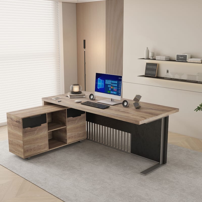 WESOME L-shaped Executive Office Desk with 2 Drawers 4 Wheels File Cabinets Cable Management